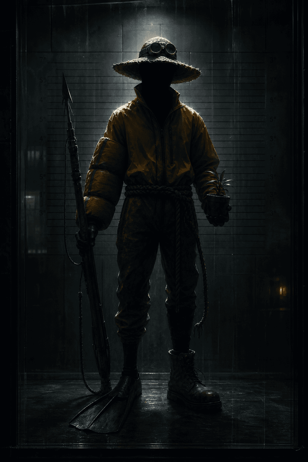 A second suspect, almost entirely in shadow behind the line-up glass: a straw hat with goggles, a yellow jacket, a life-vest sleeve, a harpoon, a potted plant, one flipper and one work boot.